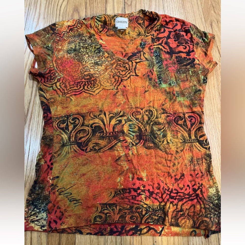 Chicos Rust Tone Fleur De Lis Short Sleeve Top Size 1